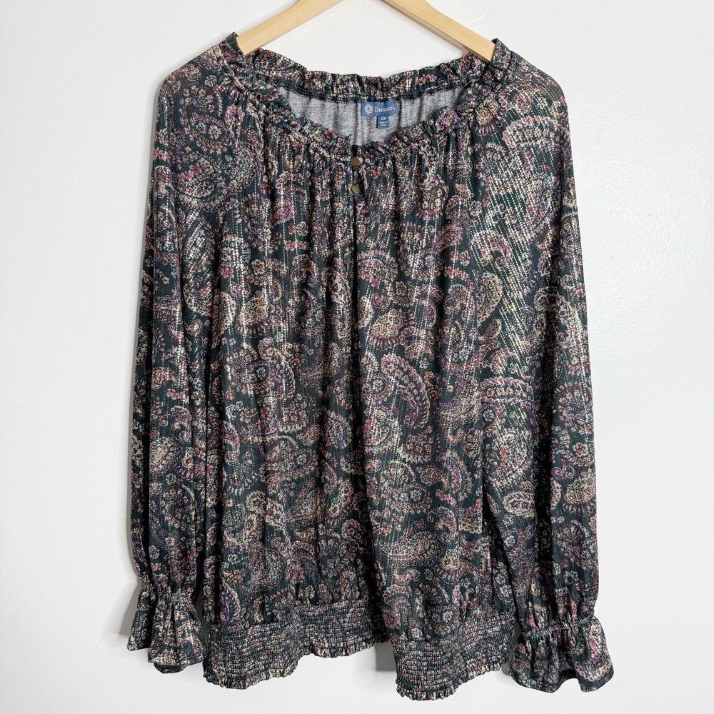 NWOT Democracy‎ Paisley Print Metallic Elasticized Blouse 2X Boho Cottagecore